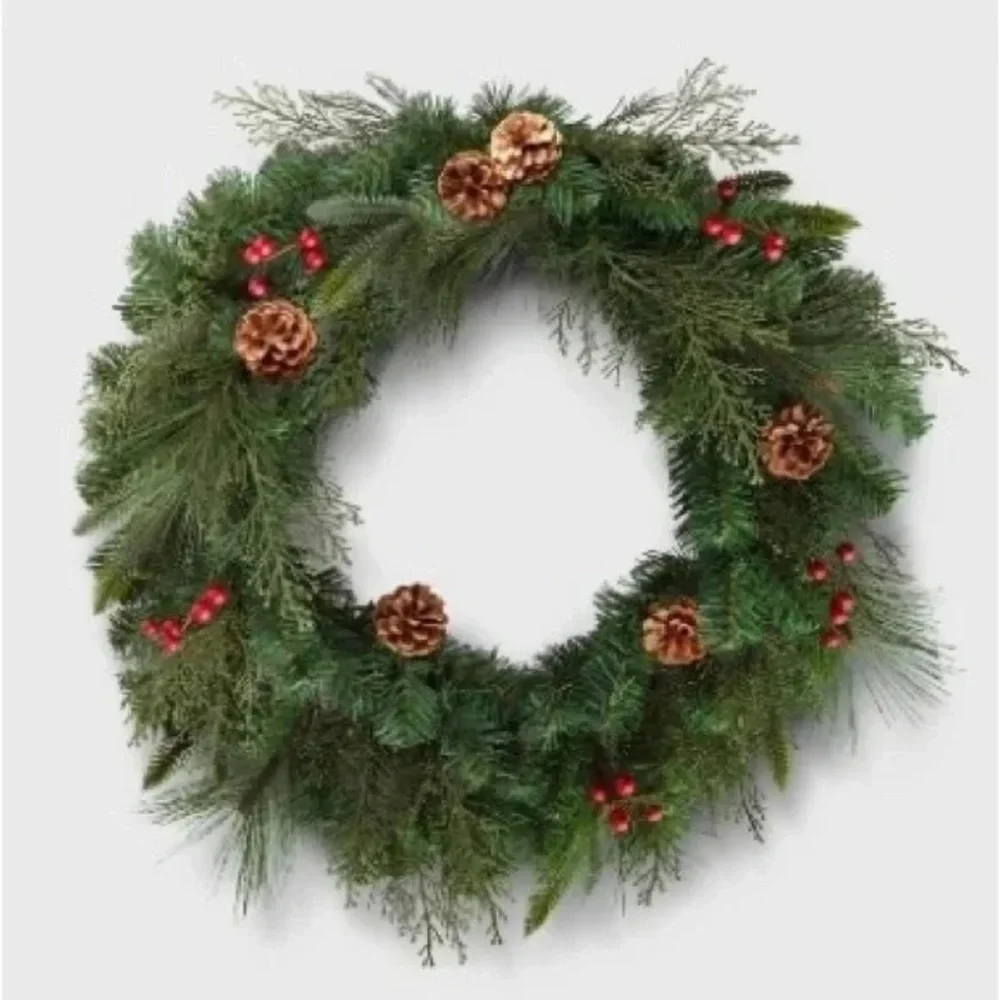 Festive Green Holiday Wreath with Pinecones and Red Accents